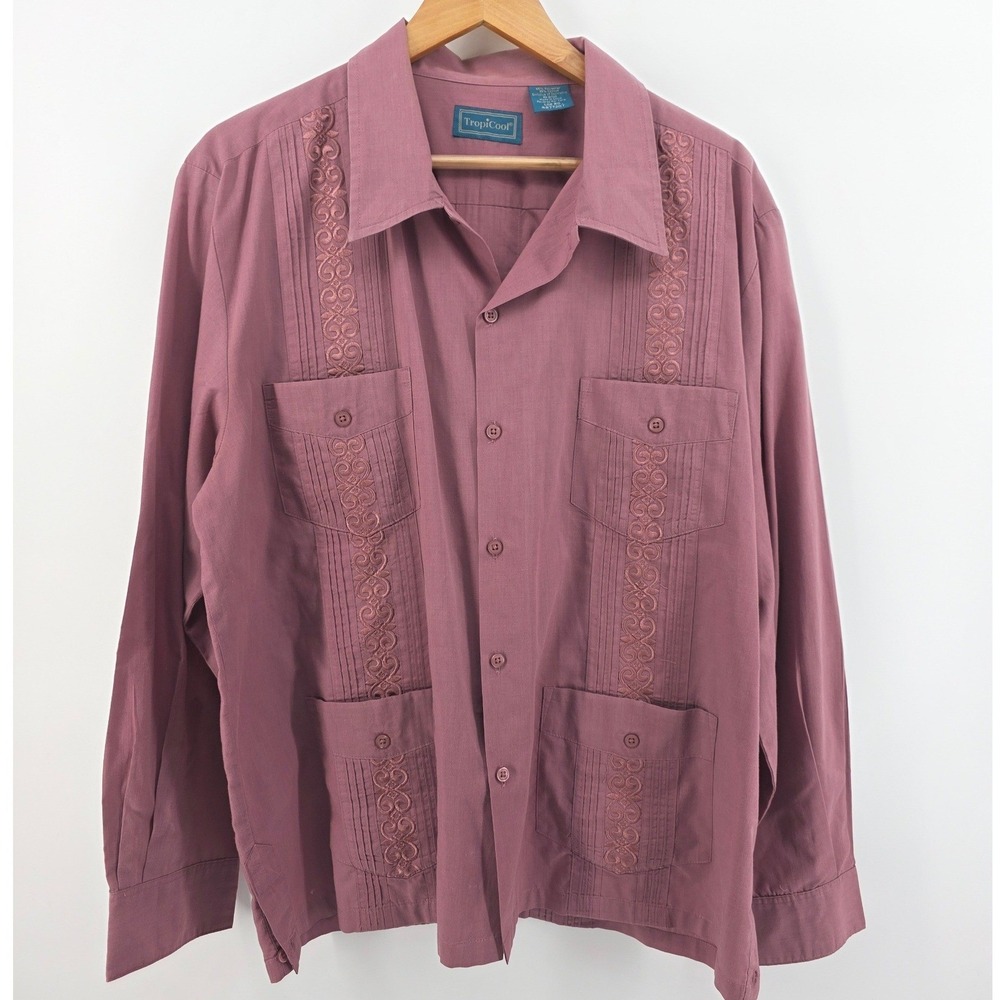 TropiCool Mens Guayabera Shirt Mauve Pink Long Sleeve Embroidered XL